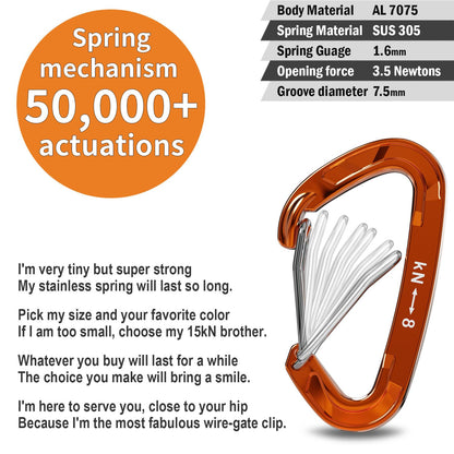 FresKaro 5pack Carabiner Clips Heavy Duty, Small Sturdy Key Keychain Accessory, Strong High Strength 8kN/1798lbs, Wire Gate, Ultra Lightweight, 7075 Aluminum, Rust Free, D-Shape, Orange