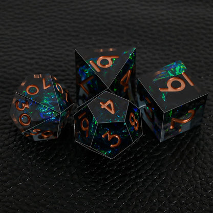 DND Dice Set Sharp Edge Dice Set 7 Piece DND polyhedral Dice Numbers with Gold Leaf Exquisite Tin Box Packaging,Ideal for Dungeons & Dragons RPG and Board Games (Black Copper Lettering)