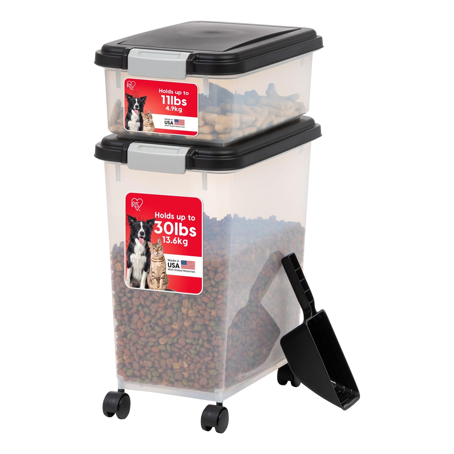 IRIS USA Dog Food Storage Container, 30 lbs & 11 lbs Combo, Cat Food Storage Container, Dog Treat Container, Airtight, Stackable, 2-Cup Scoop, Wheels, Easy Mobility, Black