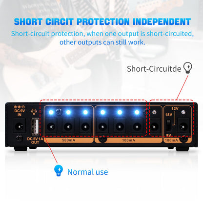 JOYO Built-in 4400mAh Rechargeable Battery Guitar Effect Pedal Power Supply 8 Outputs 9V 12V 18V (100mA, 500mA) Jacks & 5V/1A USB Port (JP-05)