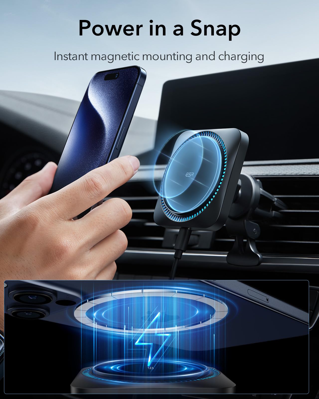 ESR for MagSafe Car Mount Charger with CryoBoost, Phone Cooling MagSafe Car Charger, Magnetic Wireless Car Charging, Air Vent/Dashboard Car Phone Holder for iPhone 16/15/14/13/12, S25, Fast Charging