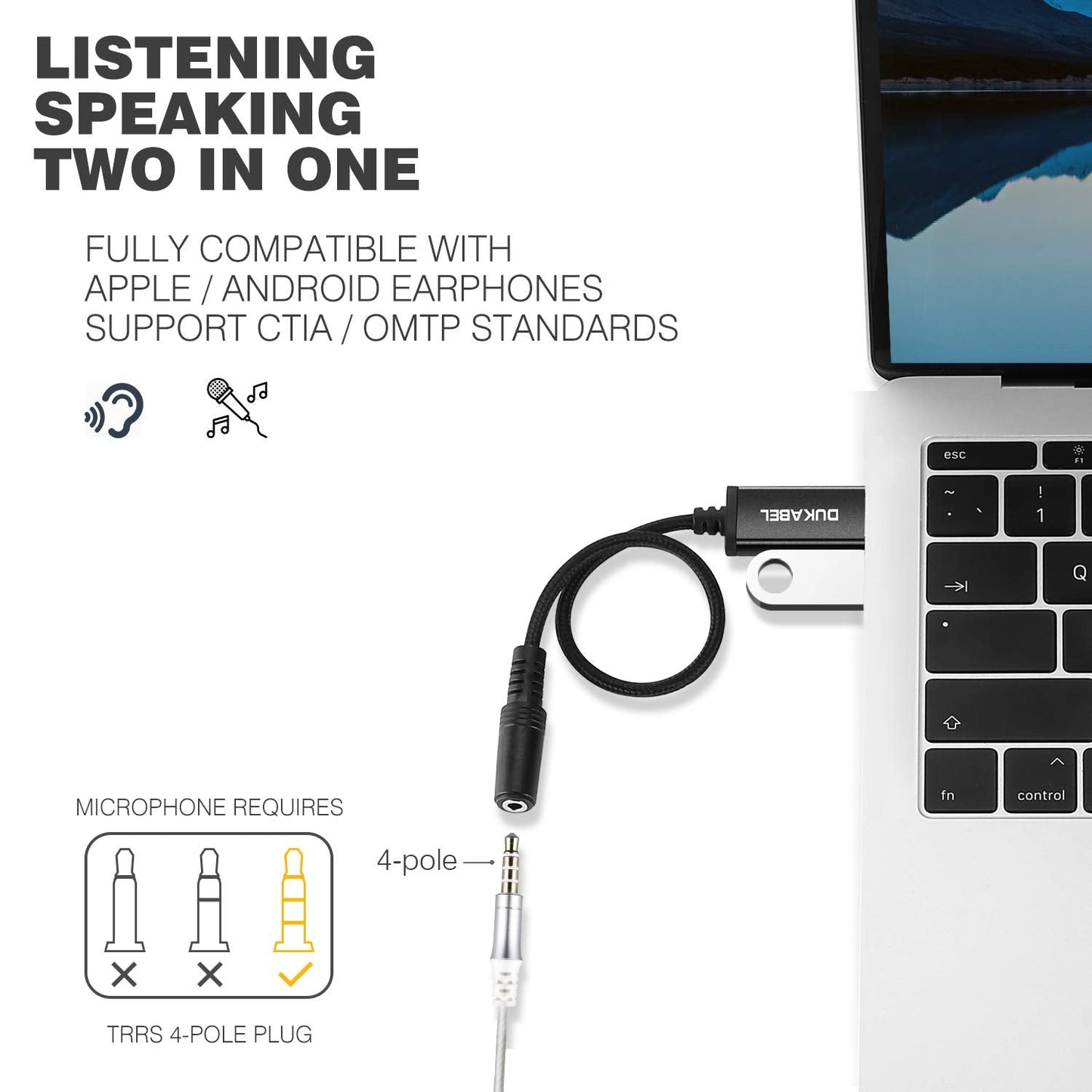 DUKABEL USB Headphone Adapter, External Sound Card with TRRS 4 Pole Jack, Mic-Supported USB to 3.5mm Audio Apdater for PC PS4 PS5 and More [9.8 inch]