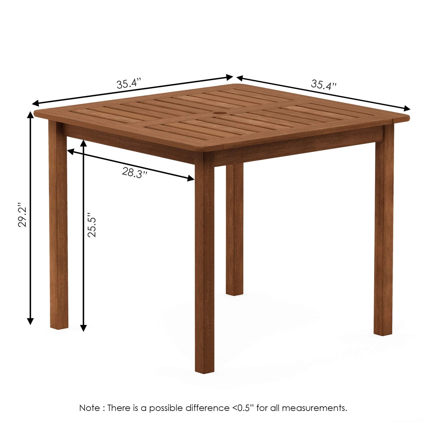 Furinno FG18006 Tioman Hardwood Patio Furniture Square Table with Umbrella Hole, Natural, 35.4"D x 35.4"W x 29.2"H