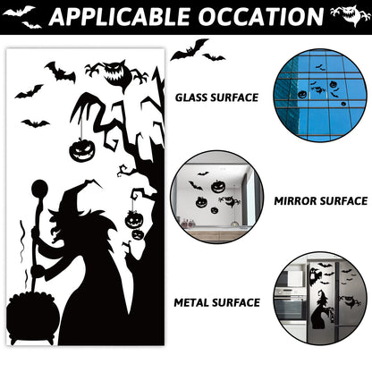 Large Halloween Window Decorations -Witch Clings, Scary Silhouette Poster Decals, Horror Stickers for Party Supplies - PVC Mirror Glass Window Stickers