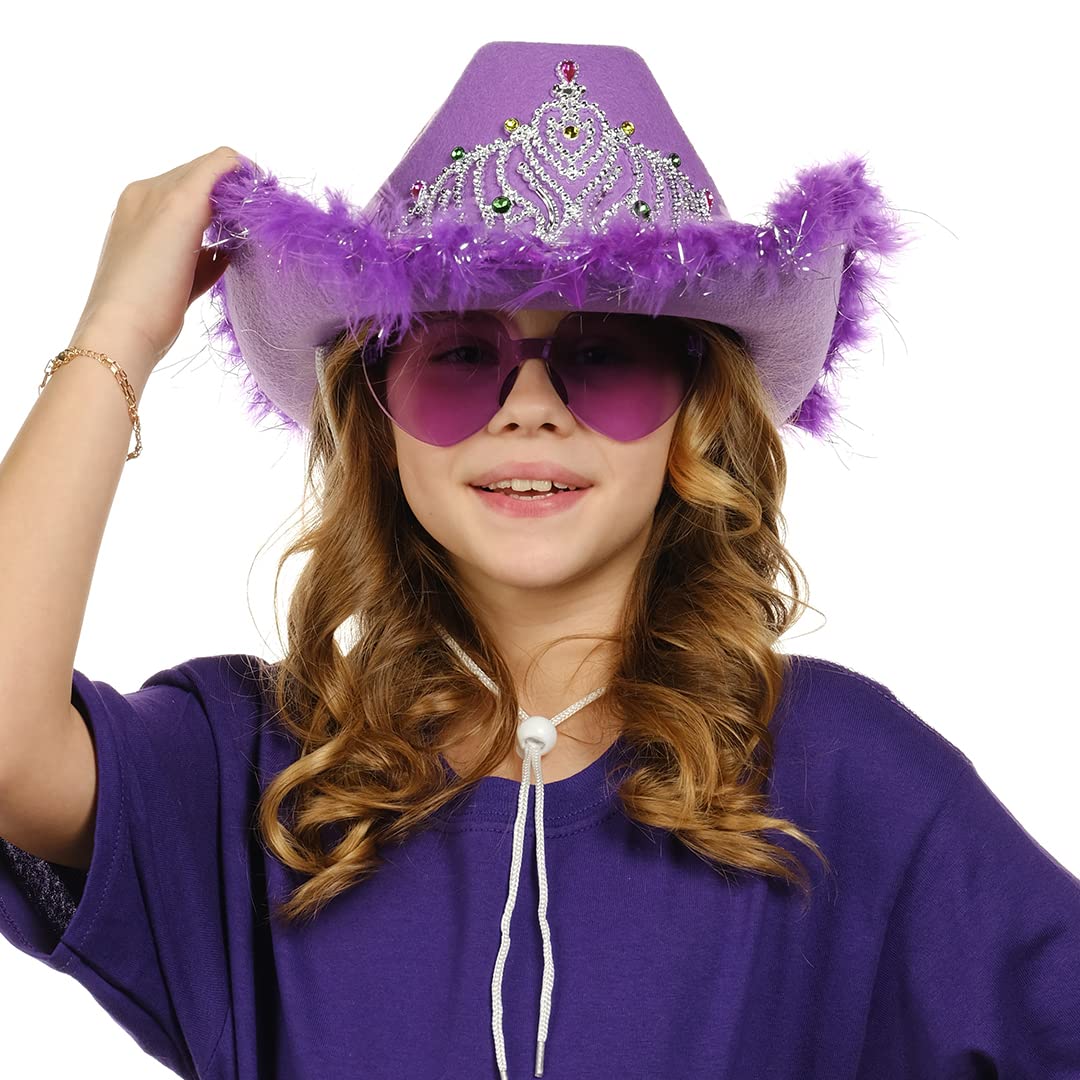 Funcredible Purple Cowboy Hat and Glasses - Preppy Cowgirl Hat with Tiara - Cowboy Hats with Feathers - Hannah Costume - Cowgirl Costume Accessories for Women and Girls