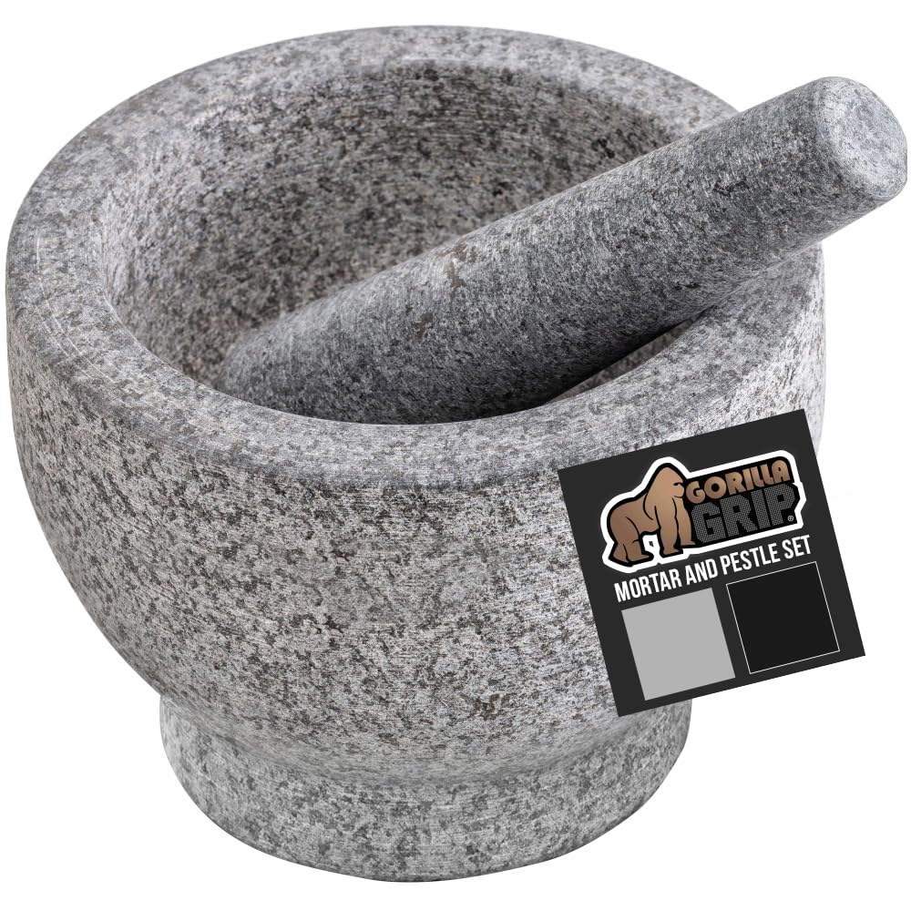 GORILLA GRIP Heavy Duty Mortar and Pestle Set with Slip Resistant Base, 100% Granite Stone Molcajete Guacamole Bowl, Grind Seeds Spices, Crush Garlic, Kitchen Muddler for Fresh Herbs, 1.5 Cup, Gray