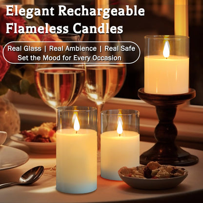 LEDHOLYT Rechargeable Flameless Candle, Flashing LED Pillar Real Wax Candle with Remote Control and Timer, Clear Glass Electronic Candles for Room Decoration, 1 Set of 3