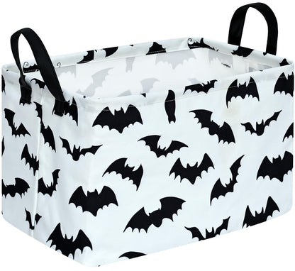 KUNRO Bat Pattern Halloween Storage Gift Basket Canvas Storage Bins with Handles Rectangle Storage Cubes Organizer for Bedroom Living Room