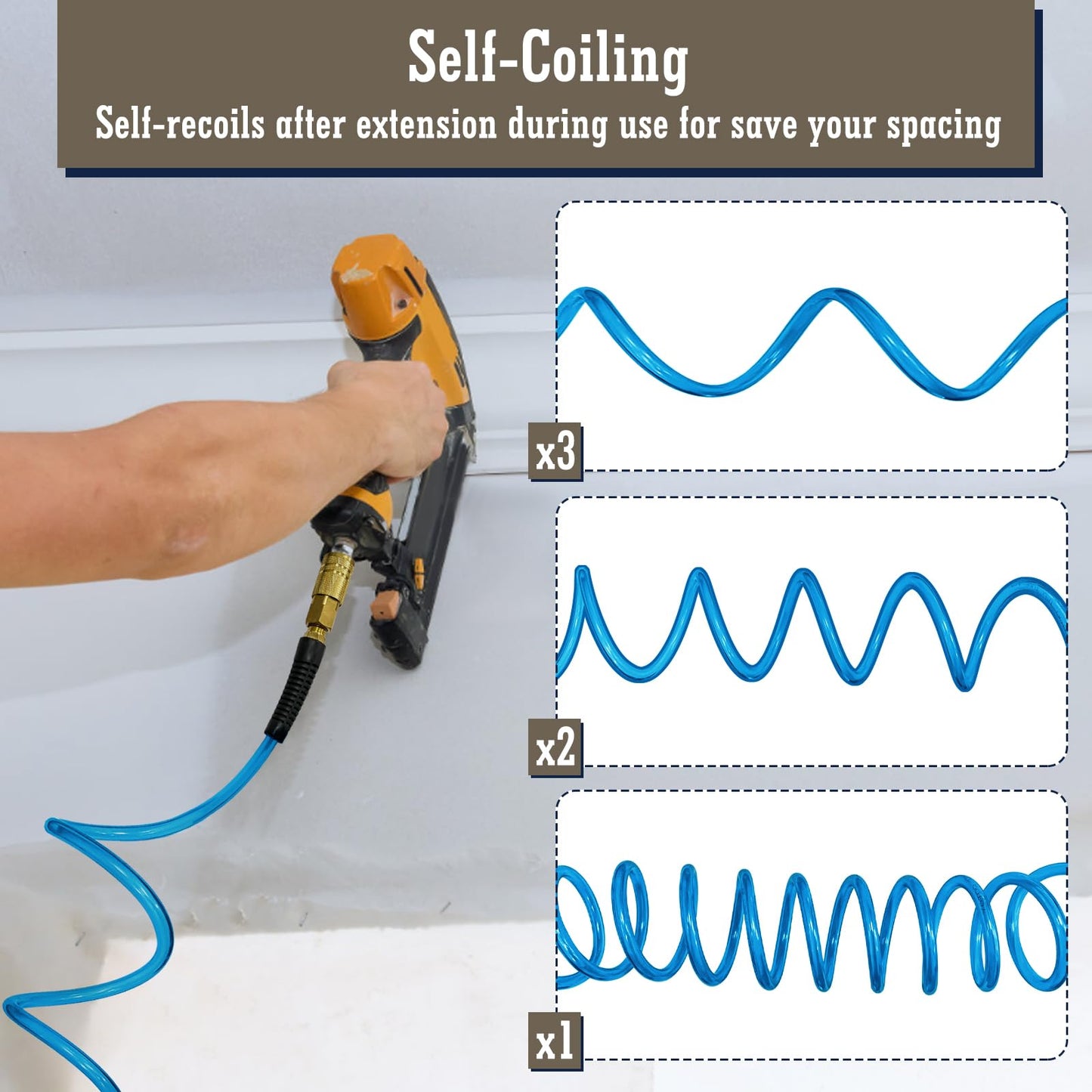 1/4 in x 50 ft Polyurethane Air Hose with Bend Restrictor, Air Compressor Hose with 1/4 Solid 100% Pure Copper Quick Connect Fittings and I/M Plug Kit, Coiled PU Air Hose 1/4", Blue