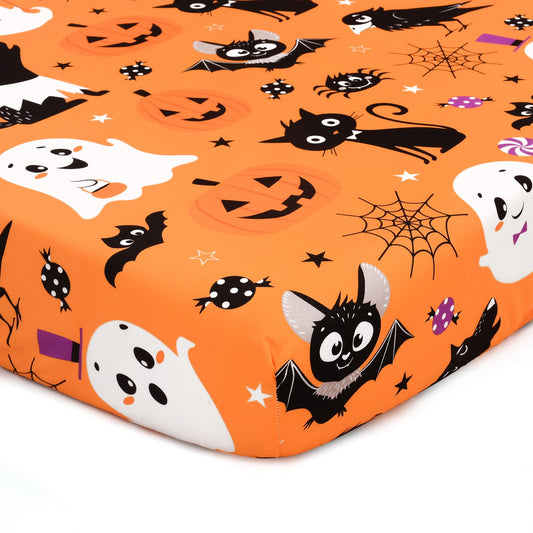 JISEN Halloween Crib Sheet Bats Fitted Crib Sheet for Boys Girls Crib Mattress Cover Baby Sheet for Standard Crib and Toddler Mattress Soft Breathable Baby Bed Sheet for Neutral 52x28 Inch Ghosts