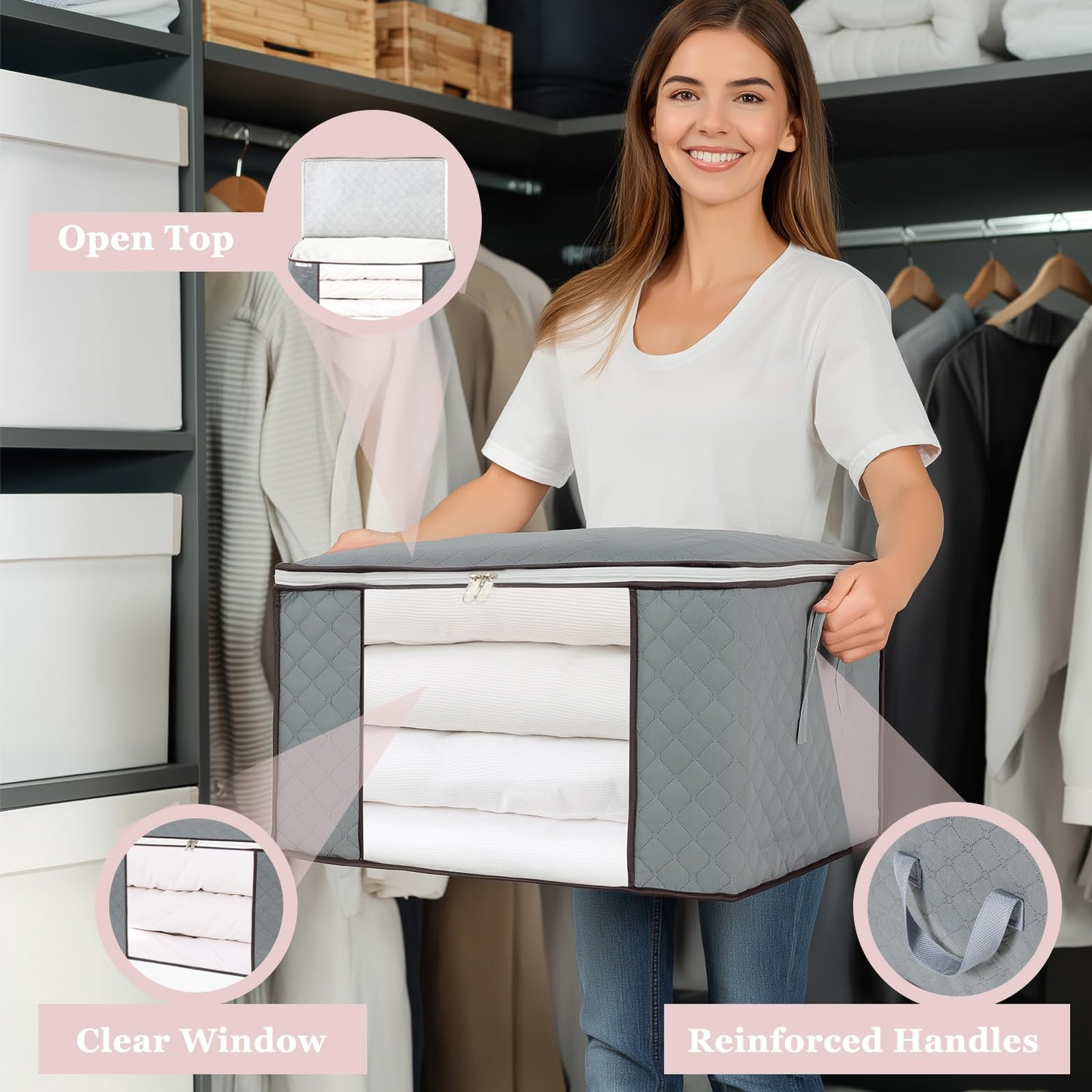 combocube Comforter Storage Bag, Jumbo Zippered Bag with Large Clear Window and Carry Handles, Space Saver Organizers for Closet, Blanket, Pillow, Quilt, Bedding, Clothes (2Pcs Grey Large)