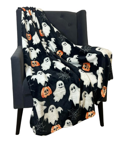 Halloween Throw Blanket: Jack O Lantern Pumpkins White Ghosts and Spiderwebs on Soft Black Velvet Fleece for Sofa, Couch, Chairs and Bed
