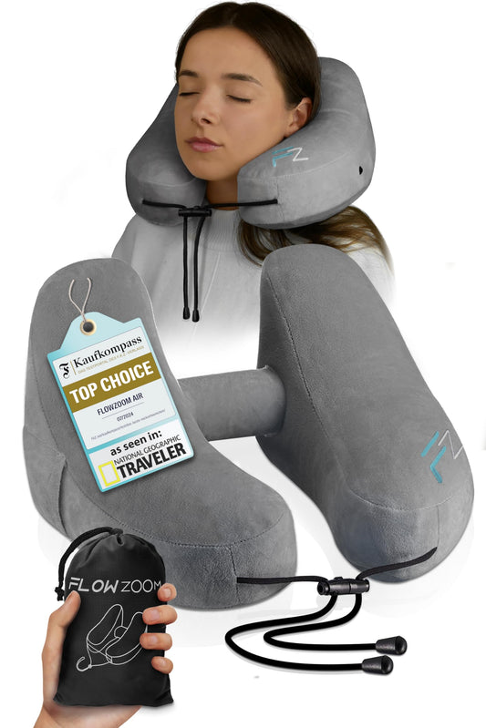 FLOWZOOM Air Inflatable Neck Pillow for Traveling on Plane - H-Shape Hooded Travel Pillow with 5 Snooze Modes, Fast Inflation, Pressure Control, Cozy Clip-On Hood & Plushy Cover - Size L, Silver Gray