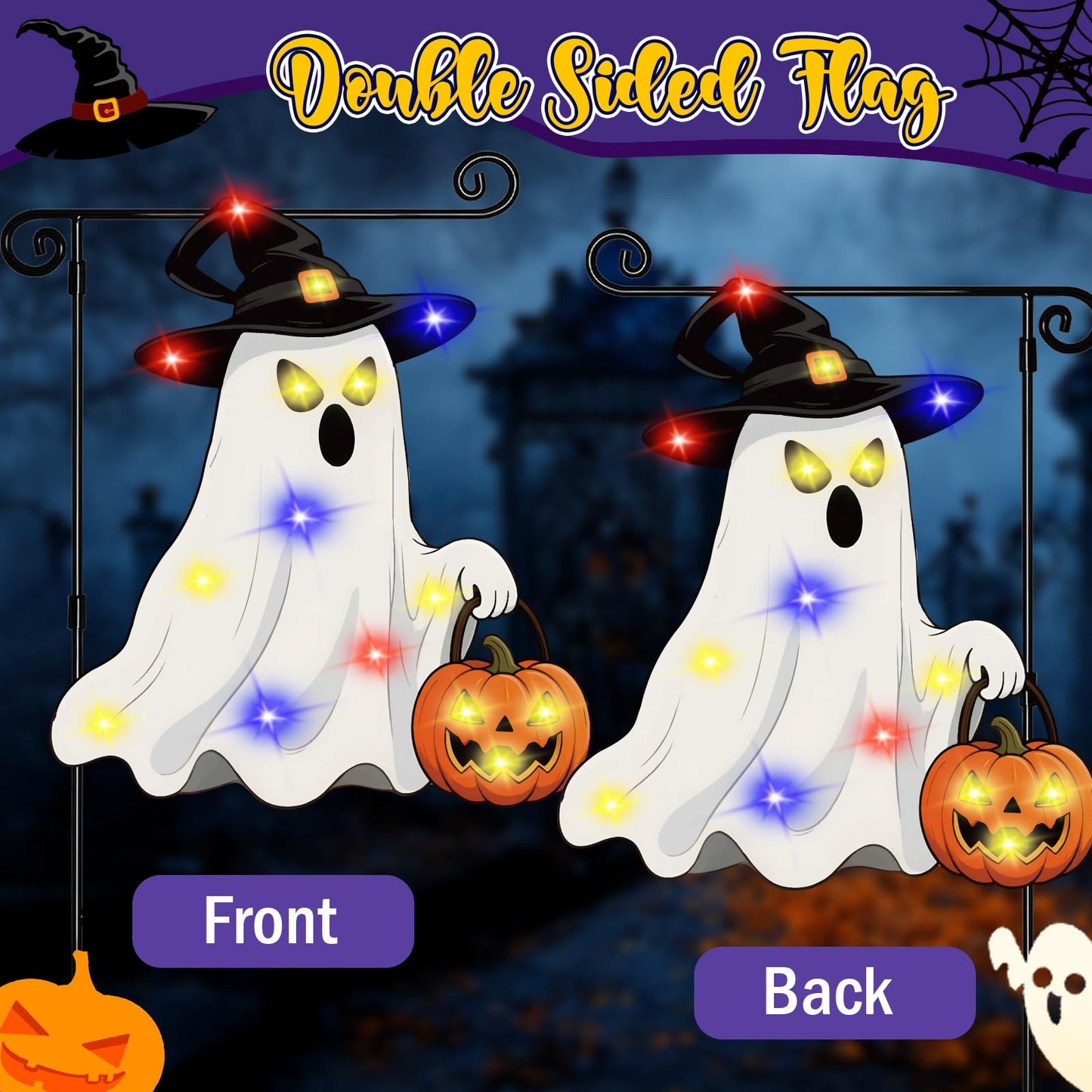 GOAUS Halloween LED Garden Flag Light Up Solar Powered, Ghost Decorations Outdoor, Double Sided Oxford Decorative Flag for Lawn Yard Outside Decor, 12x18 Inches