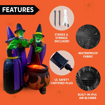 Joiedomi 6 FT Tall Halloween Inflatables Three Witch Around Cauldron with Flame Light Yard Outdoor Decoration Blow Up with Build-in LEDs for Halloween Party Indoor, Outdoor Inflatables Decorations