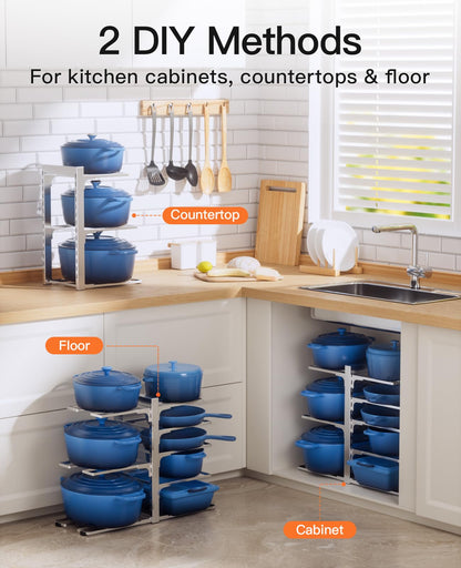 ORDORA Pots and Pans Organizer for Cabinet 16.61'' Height, 8 Tier Pot Organizers Rack with 3 DIY Methods, Adjustable Pan Organizer under Cabinet Kitchen Organization and Storage