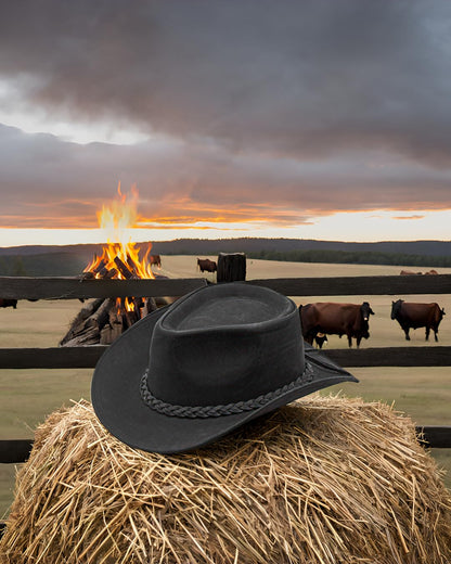HADZAM Block Magnetic Gift Box Packed Grain Leather Cowboy hat for Men & Women Shapeable into Outback hat for Western Vintage Looks Black