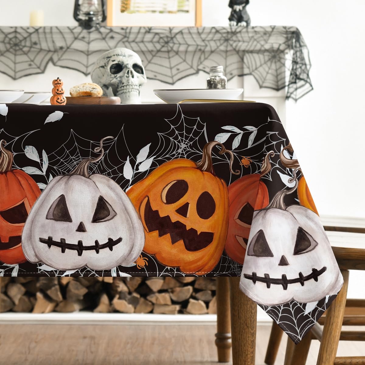 Horaldaily Halloween Tablecloth 60×84 Inch Rectangular, Black Orange Jack-O-Lantern Pumpkin Cobweb Washable Table Cover for Party Picnic Dinner Decor