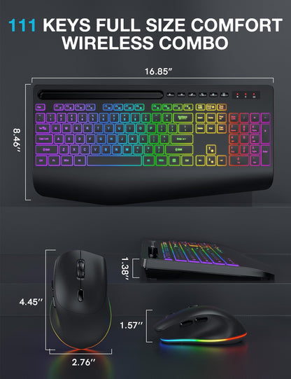 Wireless Keyboard and Mouse Combo, 9 Backlit Effects, Wrist Rest, Phone Holder, 2.4G Lag-Free Ergonomic Keyboards, Rechargeable Silent Cordless Set for Computer, Laptop, PC, Mac, Windows -SABLUTE