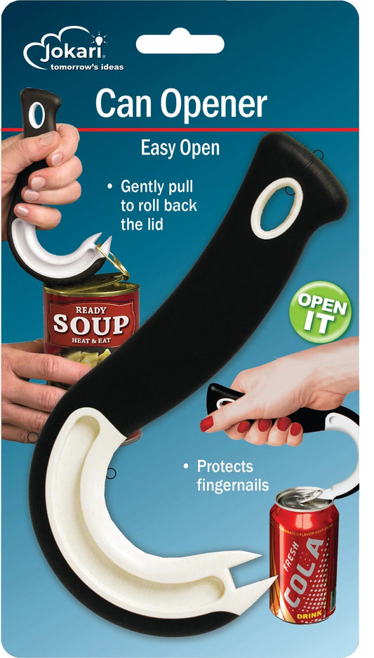 Jokari Ring Pull Can Opener for Soda and Food Cans Arthritis Aid with Non Slip Grip for Seniors Kids and Nail Protection Manual Pull Tab Tool for Easy Open Cans Black Dishwasher Safe