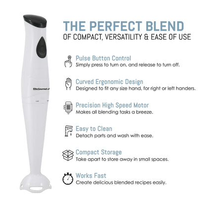 Elite Gourmet EHB-2425X Electric Immersion Hand Blender Stick, Mixer, Chopper, 1-Touch Control Multi Purpose, 150 Watts, For Soups, Sauces, Baby Food, White