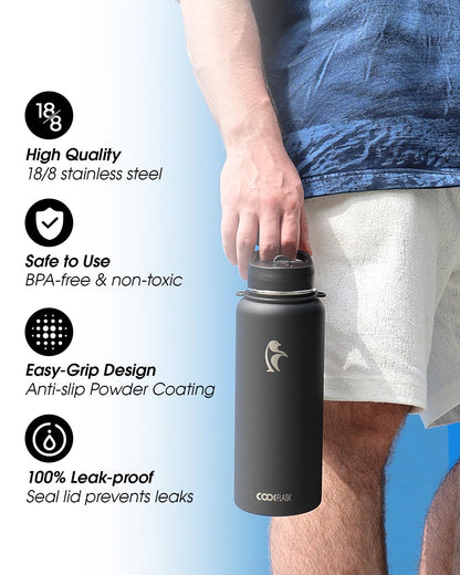 Coolflask 40 oz Water Bottle with Strap, Insulated Metal Water Flask with Straw & Spout Lids, Stainless Steel Double Wall Vacuum, Keep Cold 48h Hot 24h, Leak Proof & Non-BPA, Magic Black