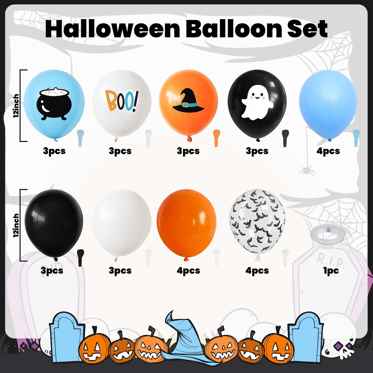 Halloween Balloons,12 Inch Blue Black and Orange Balloons with Boo,Ghost,Hat,Bat Design for Halloween Baby Shower Birthday Wedding Engagement Gender Reveal Party Decorations