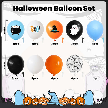 Halloween Balloons,12 Inch Blue Black and Orange Balloons with Boo,Ghost,Hat,Bat Design for Halloween Baby Shower Birthday Wedding Engagement Gender Reveal Party Decorations