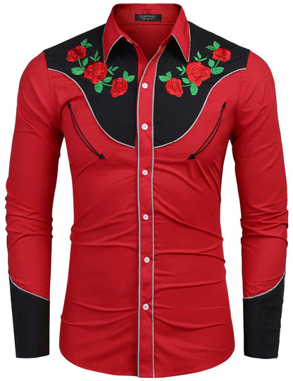 COOFANDY Men's Western Cowboy Embroidered Shirts Long Sleeve Slim Fit Cotton Casual Button Down Shirt