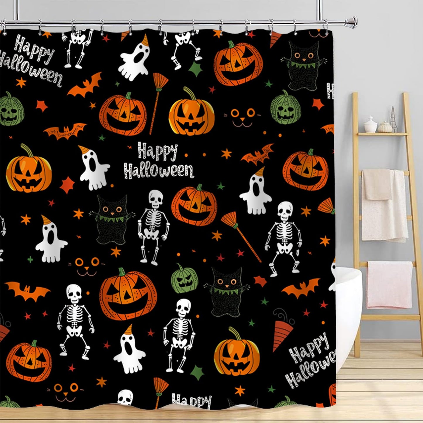 Cnayuep Halloween Shower Curtain, Black Fall Shower Curtains for Bathroom, Horror Skeleton Halloween Curtains Ghost Shower Curtain Set for Bathroom Decor, Waterproof Bathroom Curtain 72"X72"