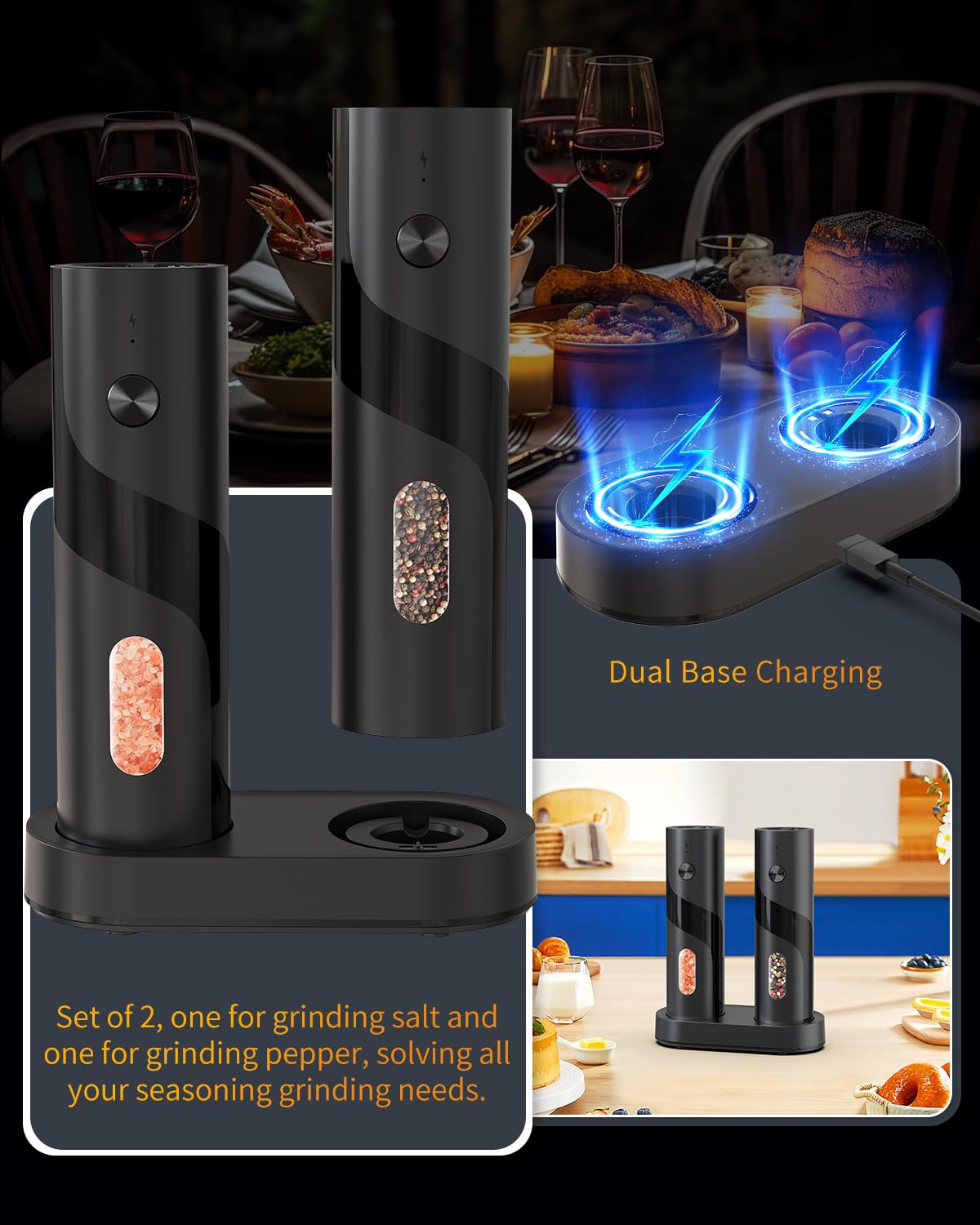 CIRCLE JOY Electric Rechargeable Salt and Pepper Grinder Set Top-Refill Automatic Pepper Mill Grinder with Charging Base, Adjustable Coarseness, Easy Filling Larger Capacity with Led for Home Kitchen