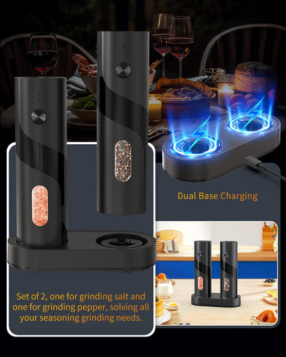CIRCLE JOY Electric Rechargeable Salt and Pepper Grinder Set Top-Refill Automatic Pepper Mill Grinder with Charging Base, Adjustable Coarseness, Easy Filling Larger Capacity with Led for Home Kitchen