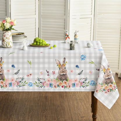 Horaldaily Easter Tablecloth 60x84 Inch Rectangular, Spring Flower Buffalo Plaid Bunny Table Cover for Party Picnic Dinner Decor