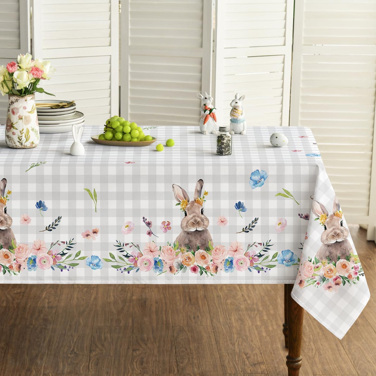 Horaldaily Easter Tablecloth 60x84 Inch Rectangular, Spring Flower Buffalo Plaid Bunny Table Cover for Party Picnic Dinner Decor
