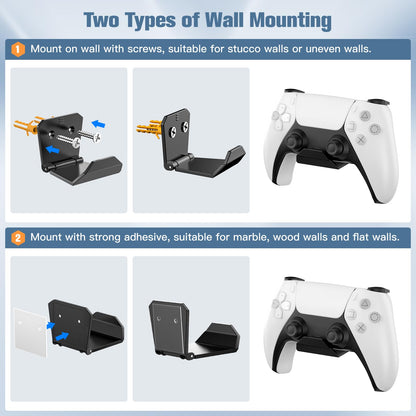KUNSLUCK 6 Pack Controller Wall Mount – Universal Game Controller Holder for PS5, Xbox, Switch – Adhesive or Screw Installation – Headset & Controller Storage Hook (Black)