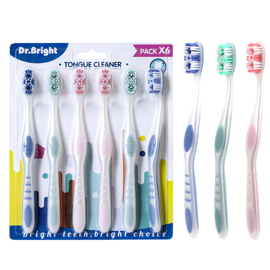 DR.BRIGHT Medium Toothbrushes for Adults | Medium Bristles Toothbrush with Tongue Scraper & Ergonomic Handle, Travel Toothbrushes BPA-Free, Adult Toothbrush Pack, Assorted Colors, Pack of 6