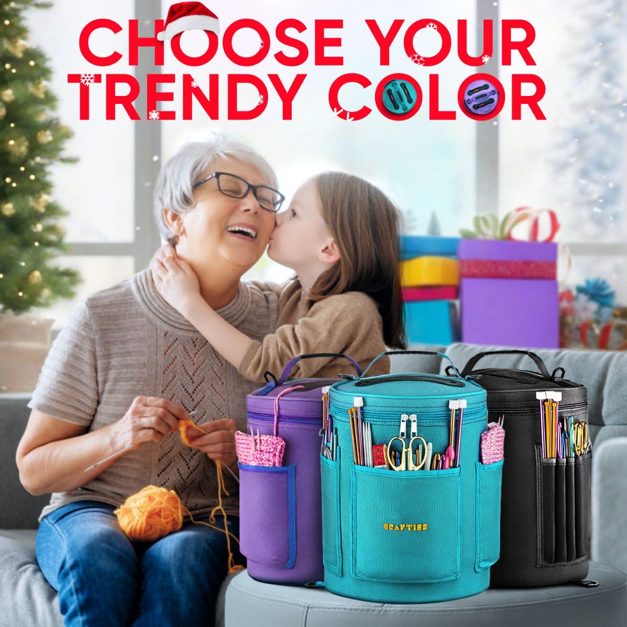 Knitting Bag Yarn Storage - Durable Canvas Yarn Bag - Yarn Organizer Crochet Bag with Knitting Accessories Case