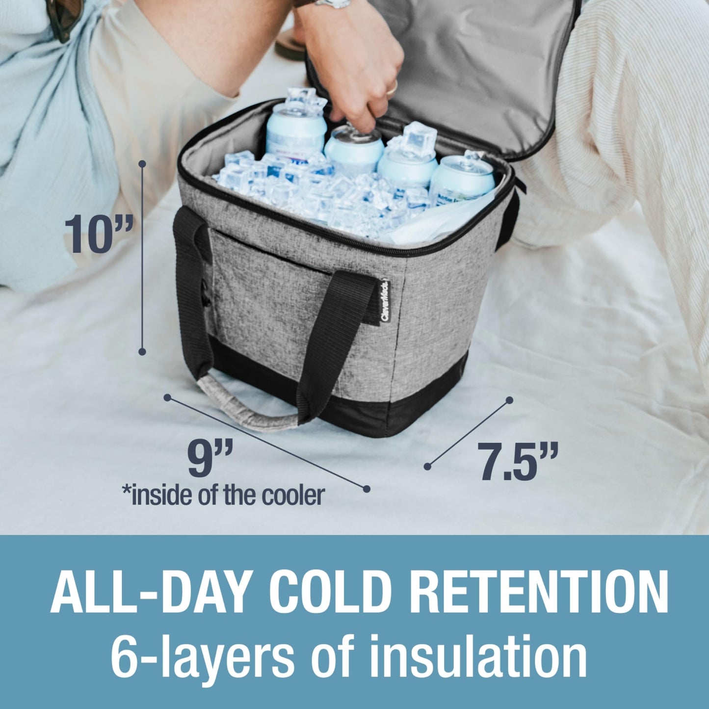 CleverMade Tahoe Collapsible Insulated Cooler Bag – 18 Cans / 14 Qt Leakproof Soft Cooler for Beach, Travel, Car – Bottle Opener – Cool Gray/Midnight