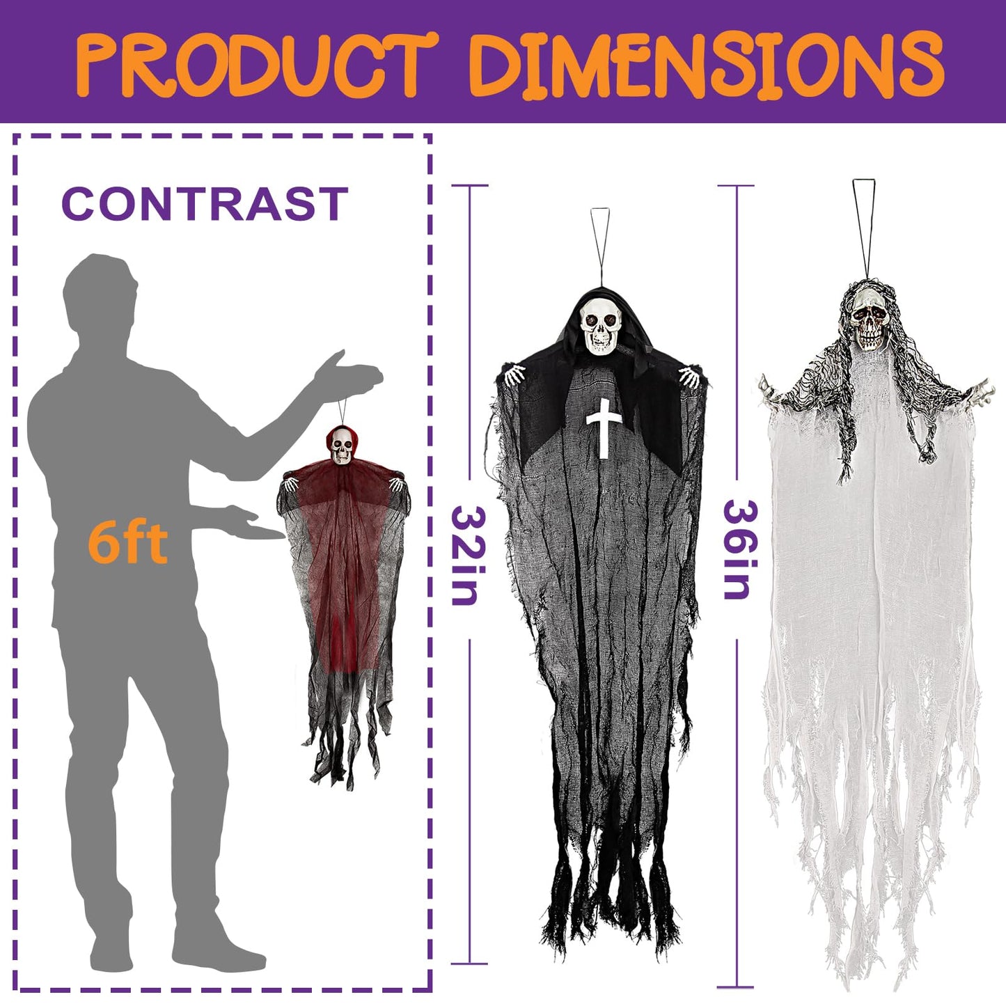 Halloween Hanging Skeleton Ghosts (3 Pack), One 36” and Two 32” Halloweens Grim Reapers, Flying Ghosts for Haunted House Prop Décor, Indoor/Outdoor Halloween Decorations