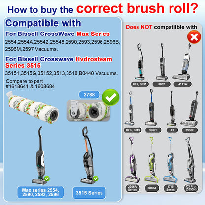Lemige 3 Pack Multi-Surface Pet Brush Rolls 2788 and 3 Pack Vacuum Filters 1866 for Bissell CrossWave Max 2554 2590 2593 2596 for HydroSteam 35151 3515 35152 3513 3518 Vacuums, Part 1618641 & 1608684