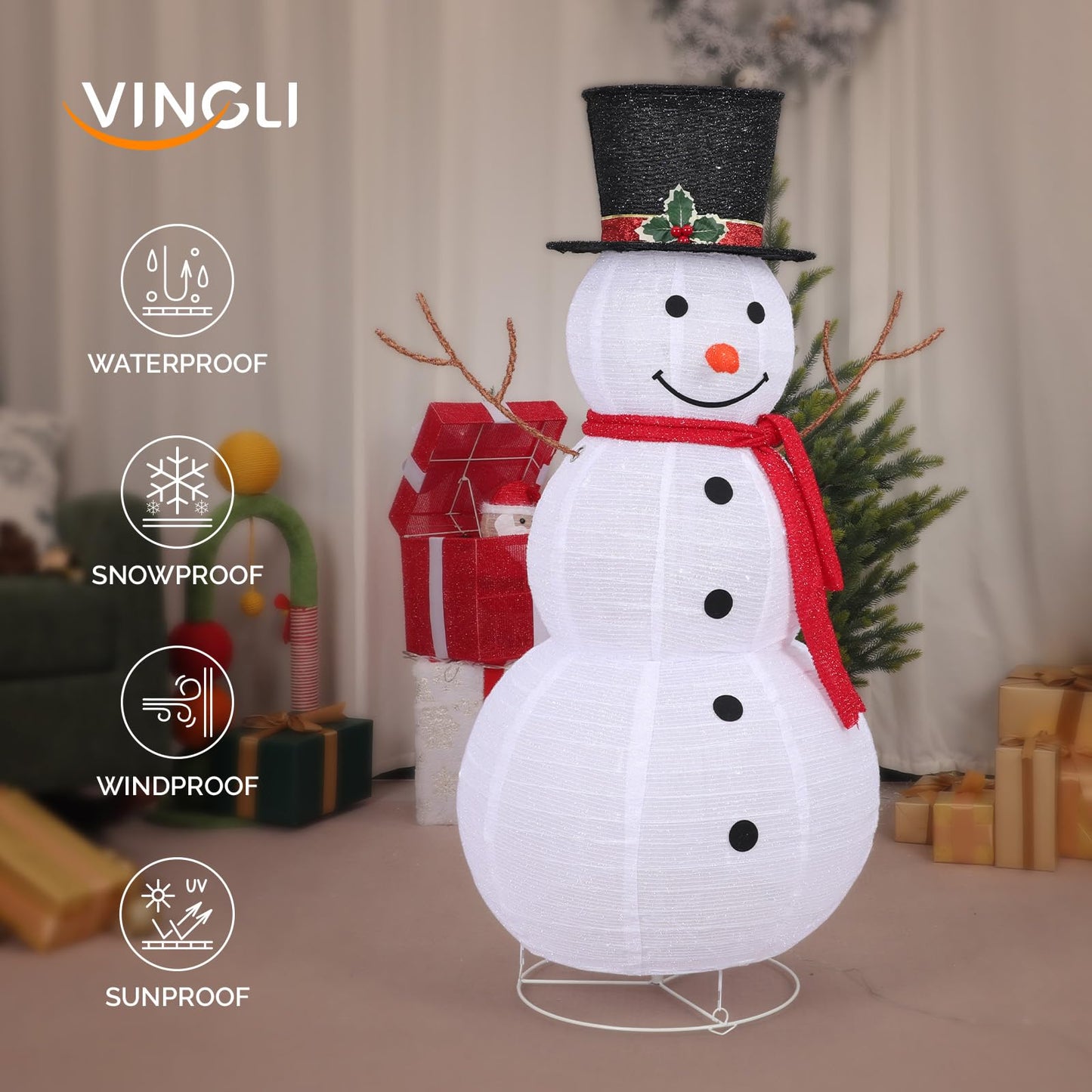 VINGLI Snowman Outdoor Christmas Decorations with 90 LED Lights, Lighted Snowman with Top Hat Holiday Ornaments Yard Decor for Home, Lawn and Front Yard-4 FT