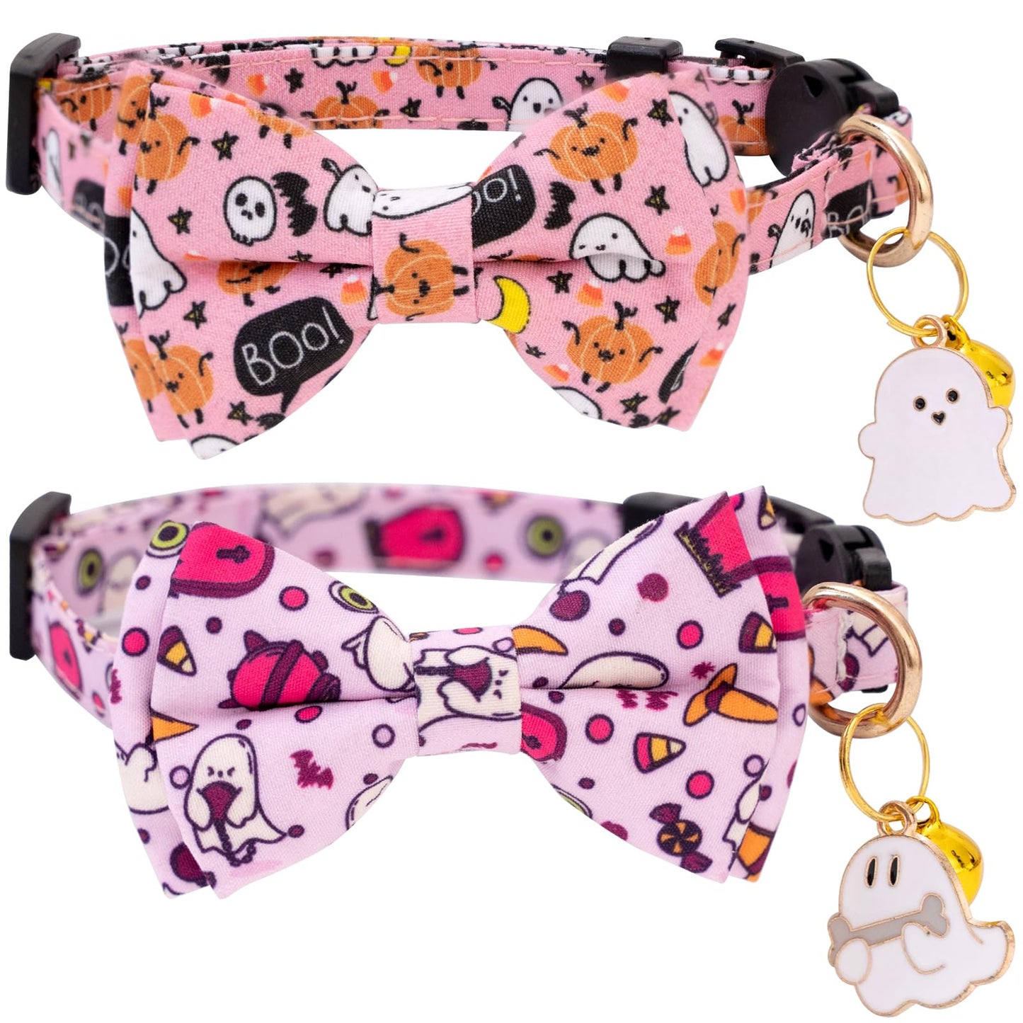 Faygarsle 2 Pack Breakaway Cute Halloween Cat Collar Collection Ghosts Pattern with Bell for Kittens Female Male Cats Seasonal Holiday Bowtie Fall Cat Collar Pink Purple