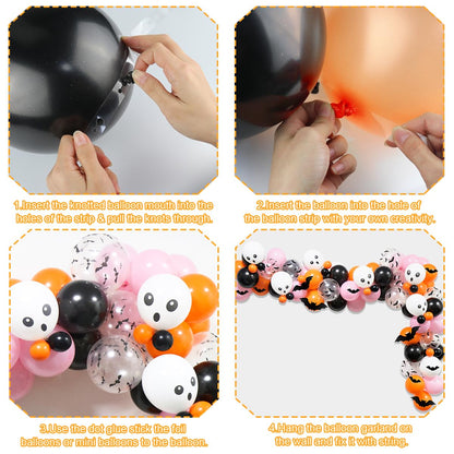 100Pcs Girls Halloween Balloons Arch Garland Kit, Pink Black Orange Halloween Balloons Arch Skull Balloons Bats Stickers for Halloween Theme Baby Shower Birthday Halloween Spooky Party Decorations