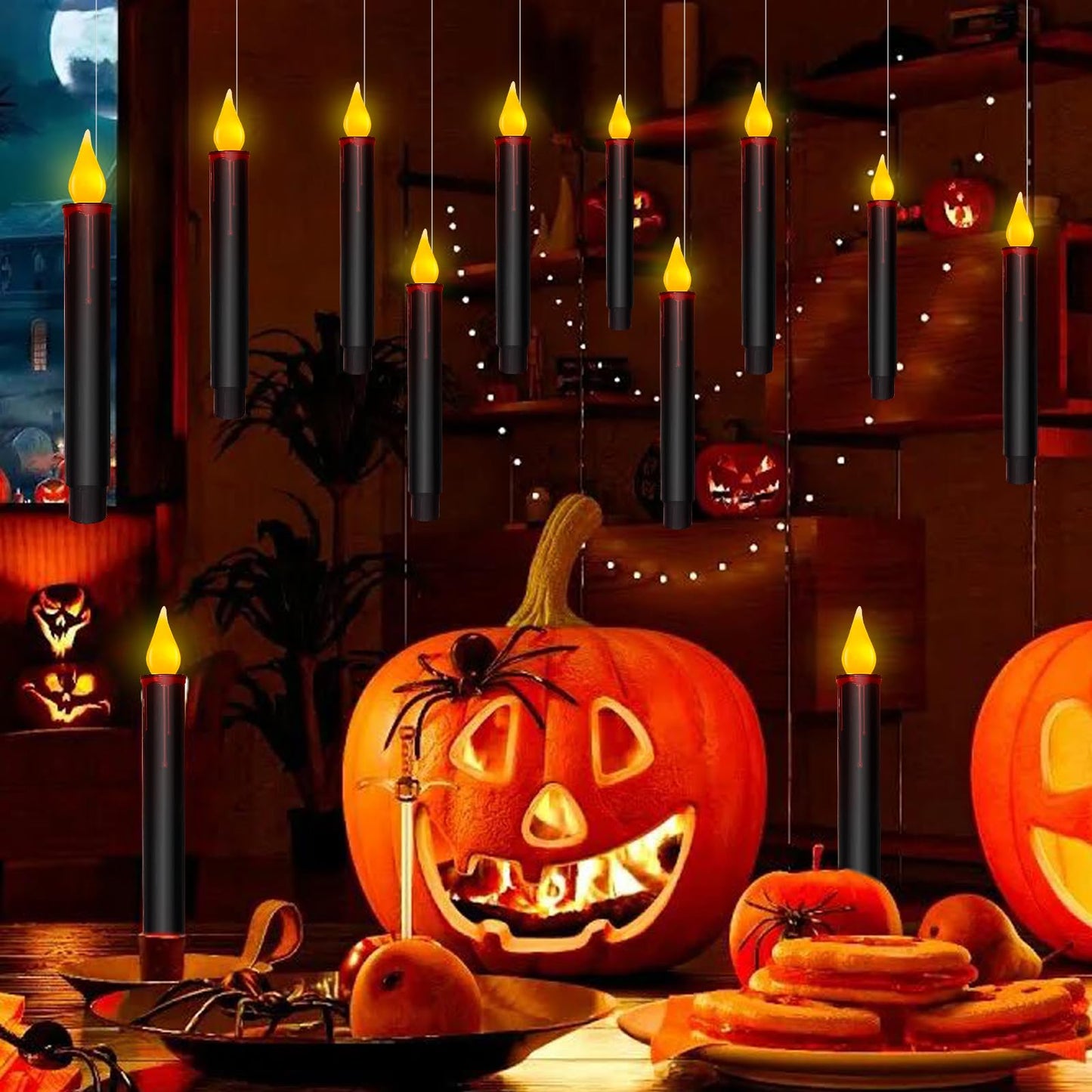 Floating Candles With Remote - 10 PCs Magic Hanging Flameless Taper Lights, Flickering Warm Battery Operated LED Window Decor for Home, Church, Horror Party, Halloween - Black
