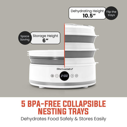 Elite Gourmet EFD329WD Digital Food Dehydrator with 5 BPA Free SlimStore™ Collapsible Trays for Compact Storage, Adjustable Timer and Temperature Controls, Jerky, Herbs, Fruit, Veggies, Snacks, White