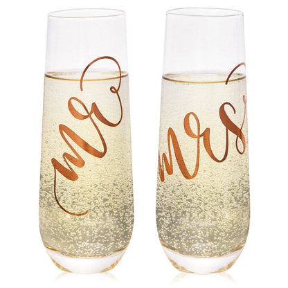 Juvale Mr & Mrs Champagne Flutes Set of 2-10 oz, 6 in, Clear Stemless Glass - Bridal Shower & Wedding Registry Gifts - Engagement Gift & Bride & Groom Glasses