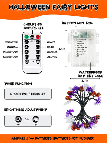 Halloween String Lights, 3D Pumpkin Bat Ghost Fairy Lights Battery Operated with Remote, 30LED Twinkle Light Waterproof 8 Modes & Timer for Halloween Parties Decorations Indoor Outdoor Windows Decor