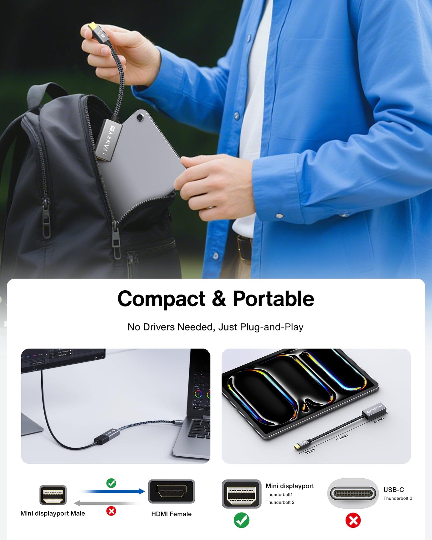 IVANKY 4K Mini DisplayPort to HDMI Adapter, 4K@30Hz Mini DP to HDMI Adapter, Gold-Plated/Braided Thunderbolt 2 to HDMI Compatible with MacBook Air/Pro, Microsoft Surface Pro/Dock, Monitor, Projector