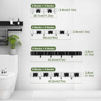 2 Pack 3 Racks and 4 Hooks Broom and Mop Holder Wall Mounted Garage Organizer Storage Tool Racks Stainless Steel Heavy Duty Hooks Self Adhesive Solid Non-slip Wall Hangers for Home Kitchen Garden