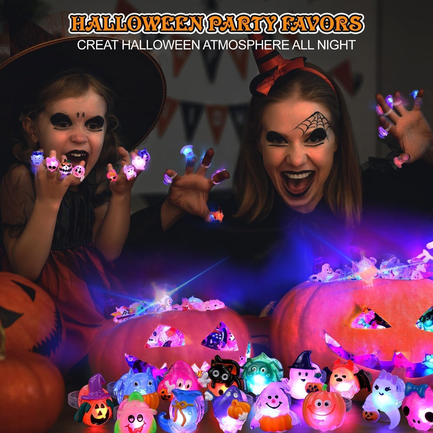 FLY2SKY Halloween Treats 50Pcs 3D Ring LED Light Up Rings Halloween Toys Halloween Party Favors for Kid Glow In The Dark Accessory Non Candy Gift Bag Fillers NEW VERSION